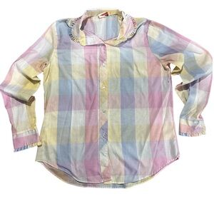 Vintage 70s 80s Pastel Plaid Button Up Shirt Links USA Made Medium Cottagecore